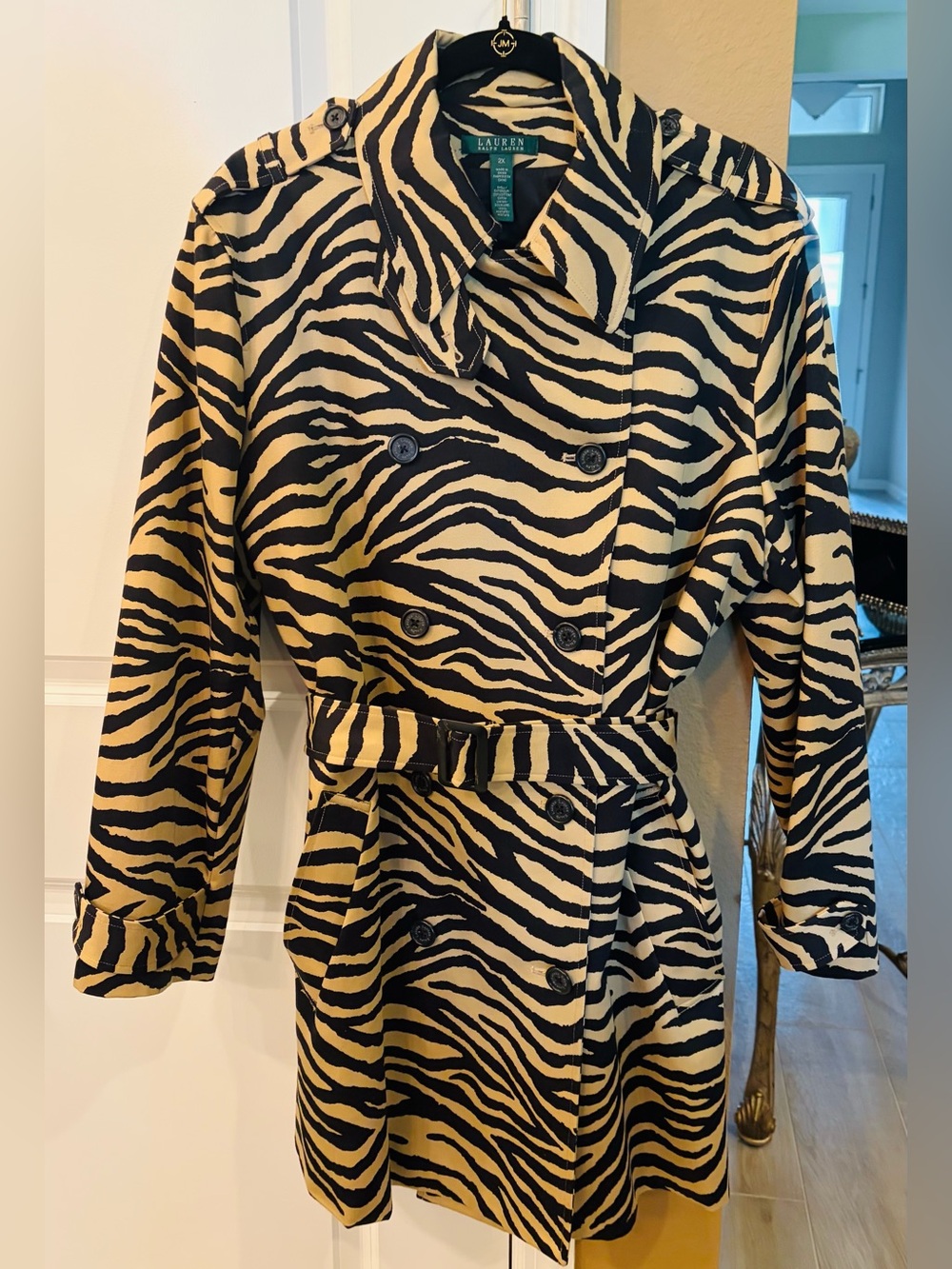 Lauren Ralph Lauren Black and Cream Zebra-Print Trench Coat Size 2X